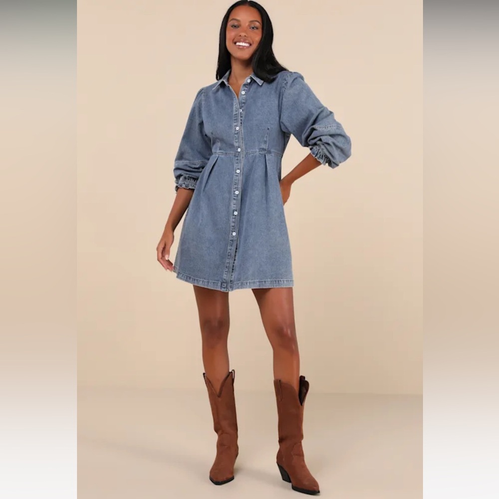 Lulu’s Uniquely Darling Denim Mini Dress With Pockets XS